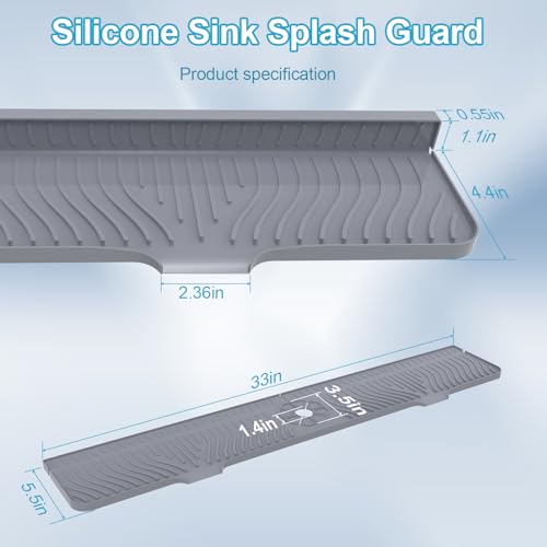 Derlights 33 inch Sink Splash Guard Mat, Silicone Faucet Handle Drip Catcher Tray, Longer Silicone Sink Mat for KitchenBathroom, Drip Protector Splash Countertop (Gray) - size: 33 inch