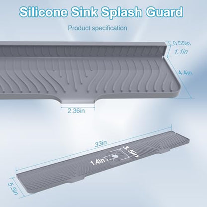Derlights 33 inch Sink Splash Guard Mat, Silicone Faucet Handle Drip Catcher Tray, Longer Silicone Sink Mat for KitchenBathroom, Drip Protector Splash Countertop (Gray) - size: 33 inch
