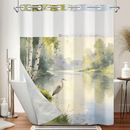 Nature Landscape Shower Curtain with Snap in Liner, 71x74 Inch | No Hooks Needed & Mesh Top, Double Layer Waterproof, Heron Bird & Birch Tree Lake Greenery Scenery Design for Rustic Bathroom - color: Crane & Landscape