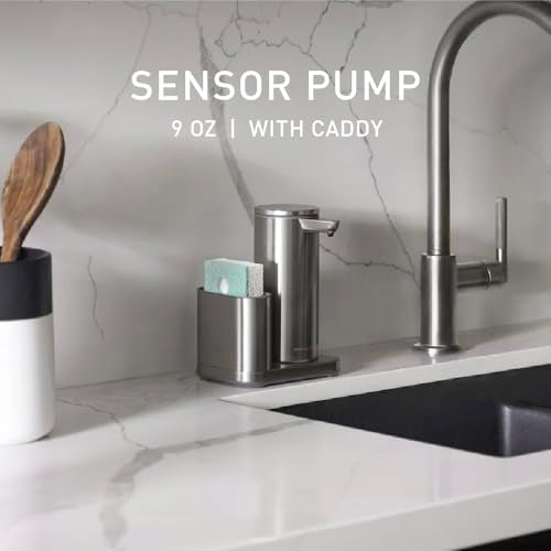 simplehuman Liquid Sensor Pump with Caddy, 9 oz Automatic Soap Dispenser for Kitchen and Bathroom, Touchless Motion Sensor, Variable Dispense, Rechargeable, High-Grade Brushed Stainless Steel - color: Brushed, style: 9 Oz. w/ Caddy