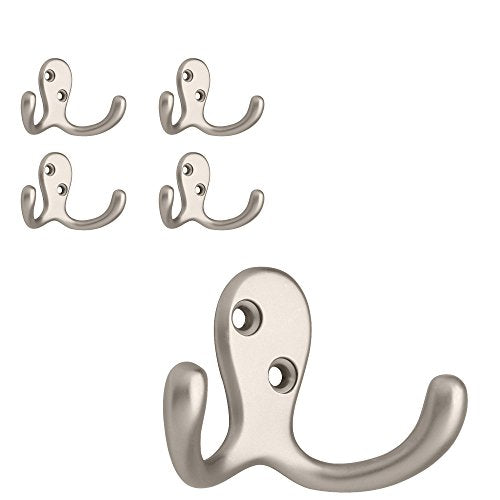 Franklin Brass (5-Pack) Double Wall Hooks 2-Prong Coat/Hat Matte Nickel Hooks for Hanging Wall Mount Hanger Clothes, Purse, Bag, Towel Organization Decorative Wall Hooks FBDPRH5-MN-C - color: Matte Nickel, size: 5 Pack