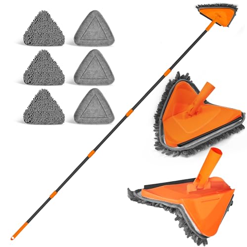 JEHONN Wall Mop with Long Handle 80 inches, Upgraded 180° Collapsible Baseboard Cleaner Tool with Squeegee, Ceiling Duster with 3 Microfiber and 3 Chenille Pads for Cleaning Window, Cabinet (Orange) - color: Orange