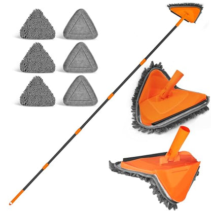 JEHONN Wall Mop with Long Handle 80 inches, Upgraded 180° Collapsible Baseboard Cleaner Tool with Squeegee, Ceiling Duster with 3 Microfiber and 3 Chenille Pads for Cleaning Window, Cabinet (Orange) - color: Orange