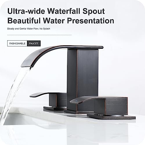 GAGALIFE 8 Inch Waterfall Bathroom Faucets 3 Hole - Oil Rubbed Bronze Widespread Bathroom Faucet with Pop-up Drain, Two Handles Bathroom Sink Faucet, Modern Vanity Sink faucets with Supply Lines - color: Oil Rubbed Bronze, style: With Drain