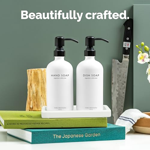 Vine Creations Glass Soap Dispenser Set, Kitchen Soap Dispenser Set with Ceramic Tray, 16 oz Dish Soap and Hand Soap Dispenser Set with Stainless Steel Pump Decor (White Bottle/Matte Black) - color: White Bottle / Matte Black Pump