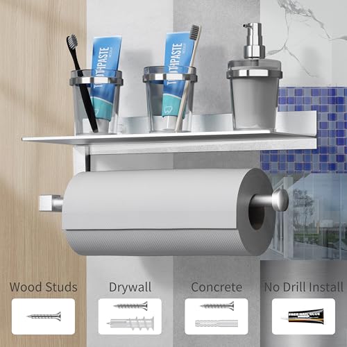 Wall Mount Paper Towel Holder with Shelf for Bathroom/Kitchen, Adhesive Hand Towel Holder, Matte Silver - color: Silver