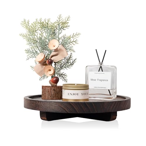 Round Decorative Tray Farmhouse Kitchen Decor Soap Dish, 8" Bark Brown | Waterproof, Lightweight, Easy Clean, Wood Riser Pedestal Stand Accessories for Office Desk, Vanity, Counter, Sink - color: Dark Brown, size: 8"