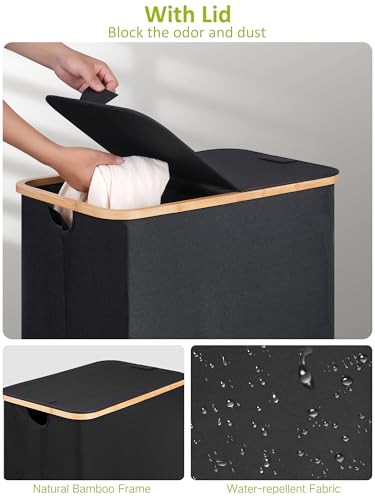 efluky Double Laundry Hamper with Wheels, Divided Laundry Hamper with Removable Bags, 2 Section Dirty Clothes Basket with Handles for Bathroom, Bedroom & Laundry Room, 160L Dark Black - color: Black, size: 160L