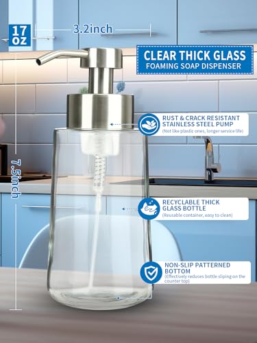Foaming Hand Soap Dispenser Set, 16 oz Glass Soap Dispenser 2 Sets | 16 oz Large Capacity, Glass Foaming Dispenser, with Stainless Steel Pump and Waterproof Labels, for Bathroom Countertop - color: Brushed Nickel Foaming