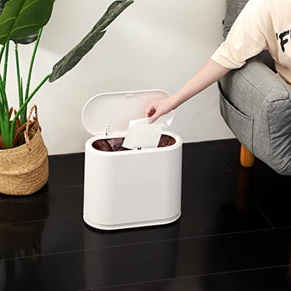 White Slim Bathroom Trash Can with Press Top Lid,12 Liter Small Thin Garbage Can,3.17 Gallon Narrow Dog Proof Plastic Waste Basket and Covered Wastebasket for Room,Bedroom,Kitchen,Toilet,Office,Dorm - color: White