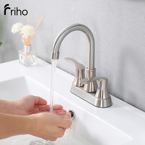 Friho 4 Inch Centerset Bathroom Faucet, 3 Hole Brushed Nickel Lead-Free Stainless Steel 2-Handle RV Vanity Faucet with Pop-up Drain & Supply Hoses - color: Brushed Nickel