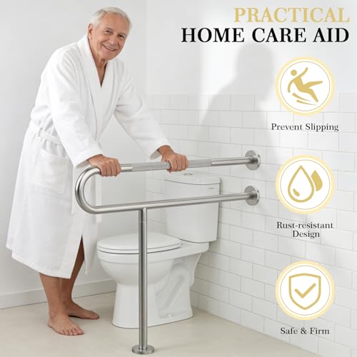Toilet Grab Bar Support Rail 23.6 Inch, Anti-Slip Knurled Brushed Nickel Safety Bar, Handicap Bathroom Handrails for Elderly Disabled Pregnant, 304 Stainless Steel Wall to Floor - size: 23.6in