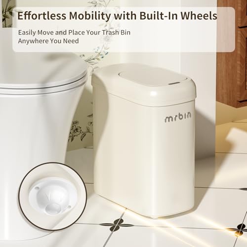 MRBIN Motion Sensor Adsorption Bag Bathroom Trash Can with Lid and Wheels, 10L/2.6gal Automatic Waste Basket Slim Electric Metal Garbage Bin for Office, Bedroom, Rv, Cream White