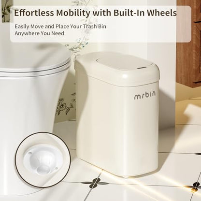 MRBIN Motion Sensor Adsorption Bag Bathroom Trash Can with Lid and Wheels, 10L/2.6gal Automatic Waste Basket Slim Electric Metal Garbage Bin for Office, Bedroom, Rv, Cream White