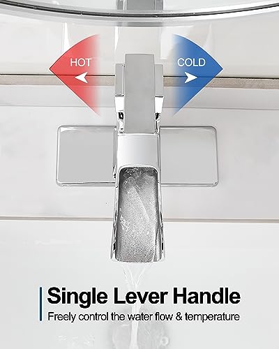Waterfall Chrome Bathroom Faucet, Brass 4 Inch Bathroom Faucets One Hole or 3 Hole, Single Handle with PP Drain, Deck Plate, Hot and Cold Supply Hoses for RV Lavatory Restroom, 5 Mins Install - color: Chrome