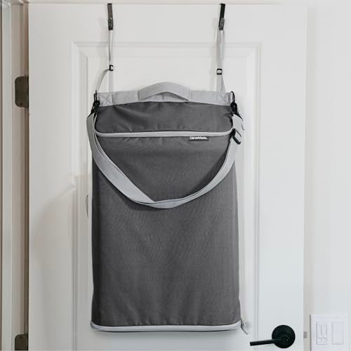 CleverMade Over-the-Door Laundry Hamper, 21.5L, Stone | Top loading keeps clothes off the floor. A bottom zipper speeds unloading, and the removable strap carries up to 20 lb. - color: Gray, size: 1 Compartment