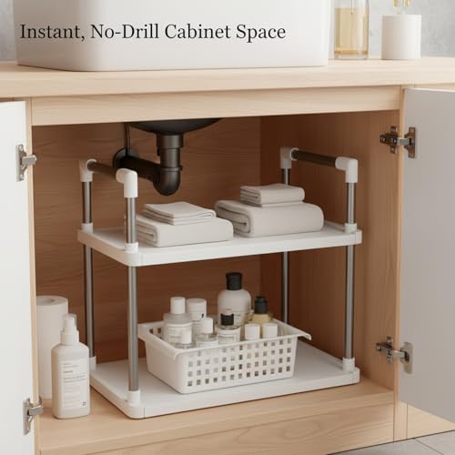 Adjustable Telescopic Cabinet Shelf, Tool-Free Under Sink Organizer Rack, Carbon Steel and PP Plastic Storage Solution for Kitchen and Bathroom - size: 9.84 x 7.87 x 3.35 in