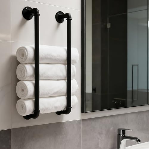Industrial Pipe Towel Rack for Bathroom Wall Mounted,Towel Holder Black | 24 Inch,Made of Galvanized Steel,Easy To Install,Hold Up To 6 Regular Size Bath Towels,For Farmhouse Bathrooms Laundry Rooms - size: 24 Inch