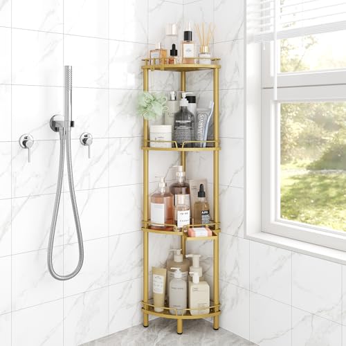 ELYKEN Corner Shower Caddy Standing, 4 Tier Metal Shower Organizer, Gold | Stainless Steel Shower Shelves with Soap Holder, Adjustable Feet & 2 Hooks for Storing Bath Essentials in Bathroom corner - color: Gold, size: 4 Tier