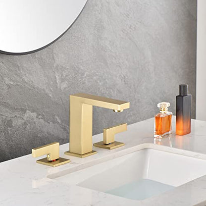 sumerain Brushed Gold 8 Inch Widespread Bathroom Faucet 2 Handle Lavatory Faucet Solid Brass, with Quick Connect Hose - color: Brushed Gold