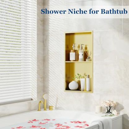Qeke 12" x 24" Stainless Steel Shower Niche w/Double Shelves, Brushed Golden - color: Brushed Golden, size: 12X24"