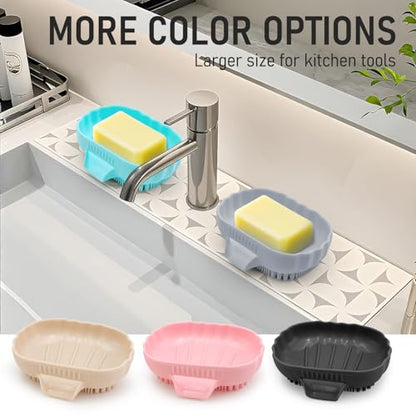 Silicone Soap Dish with Drain 2 Pcs, Anti-Slip Bathroom Bar Soap Holder Dishes Self Draining Waterfall Saver Plate for Shower Sink - Unique Bottom Brush Easy Dry & Clean (Pink + Lavender Grey)