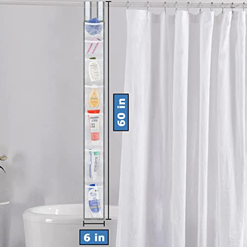 Skywin Hanging Mesh Shower Caddy, 7 Pockets, Quick Dry, 60 x 6 In - White | 60 x 6 In, Shower Organizer for Rod or Door, Portable for RV Dorm Cruise Camping, Velcro Strap, Polyester, Foldable