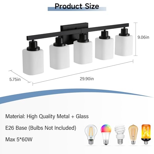 5-Light Bathroom Vanity Light, Modern Matte Black Bathroom Light Fixtures with Square Frosted Glass, Wall Sconces fixtures Over Mirror Restroom,Living Room Hallway E26 - color: Black, size: 5-Light