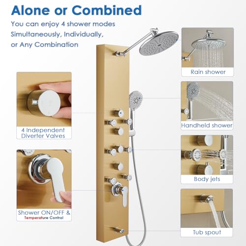 ROVOGO Gold Shower Panel Tower System, 4 Shower Modes Simultaneous Function | Rain Shower Head, Handheld, Body Jets, Tub Spout, Height Adjustable Shower Arm, Stainless Shower Column W/ Brass Valve, 43.3" - color: Gold-Adjustable Rain Head