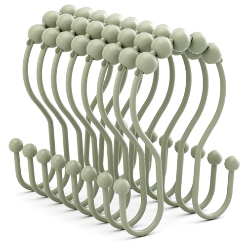 Bathway Sage Green Shower Curtain Hooks Shower Curtain Rings Rust Proof Sturdy Metal Double Shower Curtain Hooks, Shower Hooks for Shower Curtain Bathroom Shower Rod Hooks Hangers - color: Sage Green