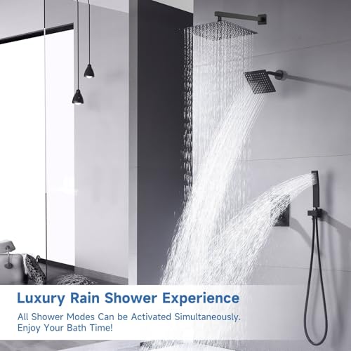 Dual Rainfall Shower Head System Matte Black, 3-Function Push Button Shower Faucet Set with 12" Wall Mount Rain shower head and 6" Wall Mount Shower Head, Pressure Balance Rough-in Valve - color: Matte Black, style: Wall Mount