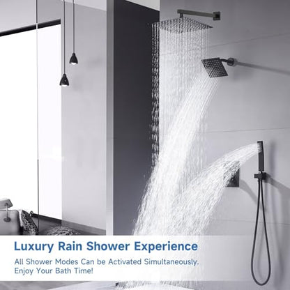 Dual Rainfall Shower Head System Matte Black, 3-Function Push Button Shower Faucet Set with 12" Wall Mount Rain shower head and 6" Wall Mount Shower Head, Pressure Balance Rough-in Valve - color: Matte Black, style: Wall Mount