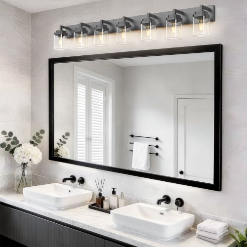 Matte Black Bathroom Light Fixtures, Modern Vanity Lights with Clear Glass Lamp Shade, Bathroom Lighting Fixtures Over Mirror, Restroom Vanity Lighting Fixture, 7-Light 52 Inch - color: Blakc, size: 7-Light