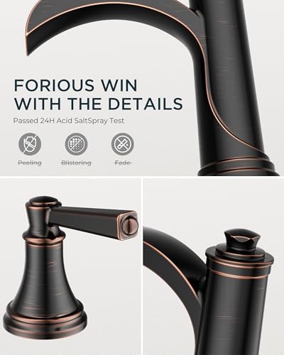 FORIOUS Oil Rubbed Bronze Bathroom Faucet 3 Hole, Waterfall Bathroom Faucet | 2 Handle Brass Waterfall Faucet for Bathroom Sink 3 Hole, 3 Pieces Antique Bronze Bathroom Faucet Widespread with Mteal Drain - color: Oil Rubbed Bronze