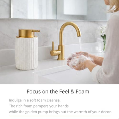 Speckled White Ceramic Foam Dispenser 2 Pack, Rippled Gold Top | Modern Minimal Design, Subtle Bathroom Upgrade, Elegant Gold Accent, Marble Decor Match, Soft Foam Pump, 12 oz Capacity - color: White, Golden 2 Pack