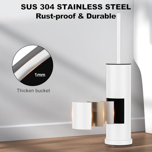 White Toilet Brush and Holder Set，Stainless Steel Heavy Duty Toilet Bowl Brush，Extra Long Handled Modern Toilet Cleaner Brush with Replaceable Head, Removable Inner Bowl, and Splash Protection - color: White, size: 1 Pack