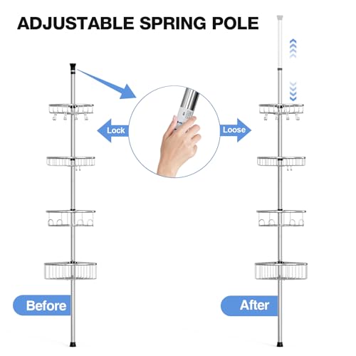 Corner Shower Caddy Tension Pole: Stainless Steel Rustproof 4-Tier Shower Organizer - 47-121 inch Adjustable Bathroom Shelves for Bathtub Shampoo Storage - Tension Rod Floor Standing Bath Rack - style: A Style-Silver