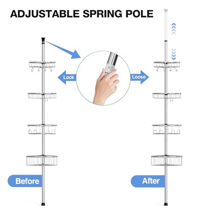Corner Shower Caddy Tension Pole: Stainless Steel Rustproof 4-Tier Shower Organizer - 47-121 inch Adjustable Bathroom Shelves for Bathtub Shampoo Storage - Tension Rod Floor Standing Bath Rack - style: A Style-Silver