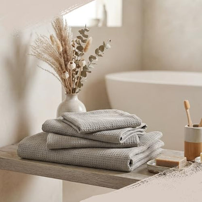 6 Pcs 100% Linen Towel Set 2 Waffle Bath Towels 2 Gray Washcloths 2 Hand Towels Natural Fiber Waffle for Bathroom Thin Pre-Washed Lightweight Quick-Dry Absorbent