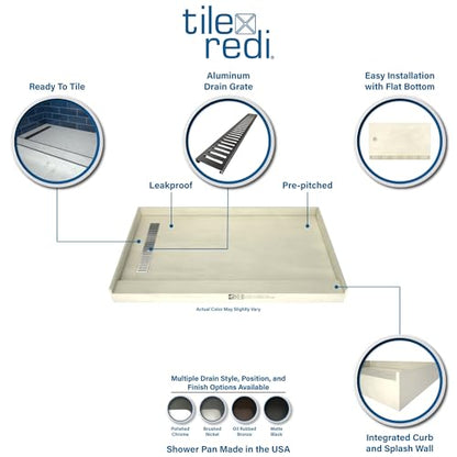 Redi Trench 36 In x 60 In Single Curb Tileable Shower Pan with Right Drain and Linear Brushed Nickel Grate - color: Right Drain, Single Curb, Brushed Nickel