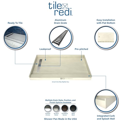 Redi Trench 36 In x 60 In Single Curb Tileable Shower Pan with Left Drain and Linear Brushed Nickel Grate - color: Left Drain, Single Curb, Brushed Nickel