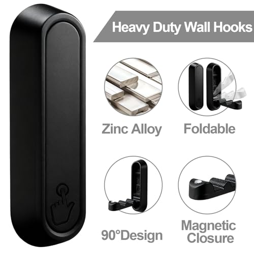 6 Pack Folding Wall Hooks – Heavy Duty Black Coat Hooks, Foldable Zinc Alloy Wall Mount Hooks for Hanging Coats, Hats, Towels, Bags, Keys, Robes, Christmas Socks & Wreaths – Holds up to 55 lbs - color: Black 6 Pack