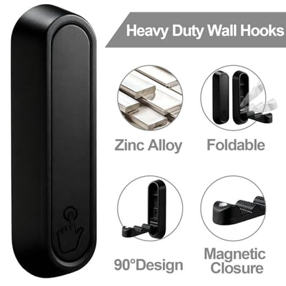 6 Pack Folding Wall Hooks – Heavy Duty Black Coat Hooks, Foldable Zinc Alloy Wall Mount Hooks for Hanging Coats, Hats, Towels, Bags, Keys, Robes, Christmas Socks & Wreaths – Holds up to 55 lbs - color: Black 6 Pack