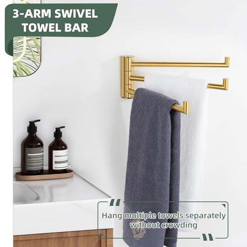 Aomasi Brushed Gold Swivel Towel Bar with Multi 3 Arms, 304 Stainless Steel | Rust-resistant Pivoting Drying Rack for Bathroom Kitchen RV, 180° Swing Arms, Hold Multiple Towels, Space-saving Wall Mounted - color: Brushed Gold