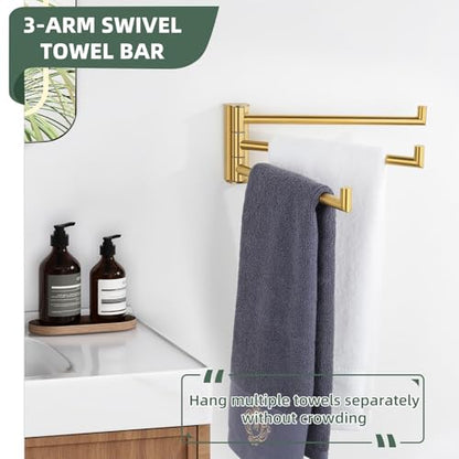 Aomasi Brushed Gold Swivel Towel Bar with Multi 3 Arms, 304 Stainless Steel | Rust-resistant Pivoting Drying Rack for Bathroom Kitchen RV, 180° Swing Arms, Hold Multiple Towels, Space-saving Wall Mounted - color: Brushed Gold
