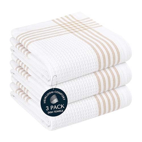 Beige and White Waffle Kitchen Towels 3 Pack, 100% Cotton, 16x26 Inch, Ultra Absorbent, Fast Dry Dish Towels, Reusable Dishcloths for Drying, Cleaning, Kitchen Use - color: Beige, White, style: 3 Pack