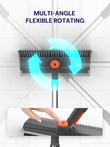 Floor Scrub Brush with Long Handle & Squeegee, 3 in 1 Floor Scrubber | Stiff Dual-side Bristle, 360° Swivel Head with Tweezer, for Cleaning Tile Wall Deck Bathroom Patio Garage Pool Kitchen (Gray) - color: Gray