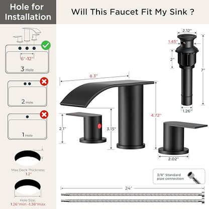 FORIOUS Bathroom Faucet 3 Hole 8 Inch Widespread Waterfall Matte Black | Bathroom Sink Faucet with Pop-up Drain and 24" Supply Lines, Two Handles, for Vanity Laundry Farmhouse School and Restroom - color: Matte Black