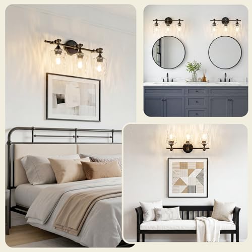 3-Light Bathroom Vanity Light Fixture Over Mirror, Matte Black | Clear Hammered Glass Shades, Beaded Crossbar Frame, Rippled Glow, Wall Mount Up or Down, E26 Socket, Hardwired, 120V - color: Matte Black
