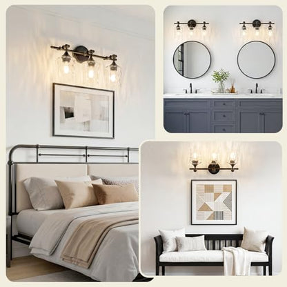 3-Light Bathroom Vanity Light Fixture Over Mirror, Matte Black | Clear Hammered Glass Shades, Beaded Crossbar Frame, Rippled Glow, Wall Mount Up or Down, E26 Socket, Hardwired, 120V - color: Matte Black